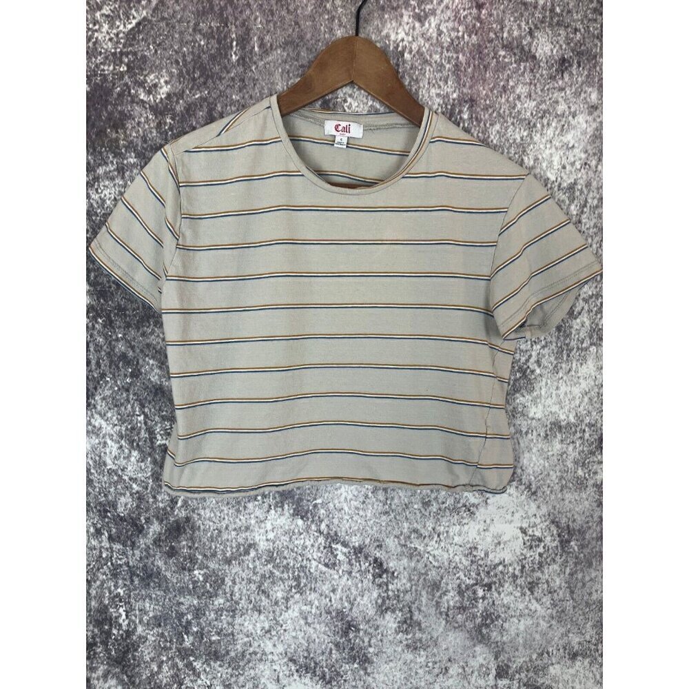 Cali Baby T-shirt Women Small Top Striped Crop Tom boy Nerd Y2K 90s‎ Gray 70s